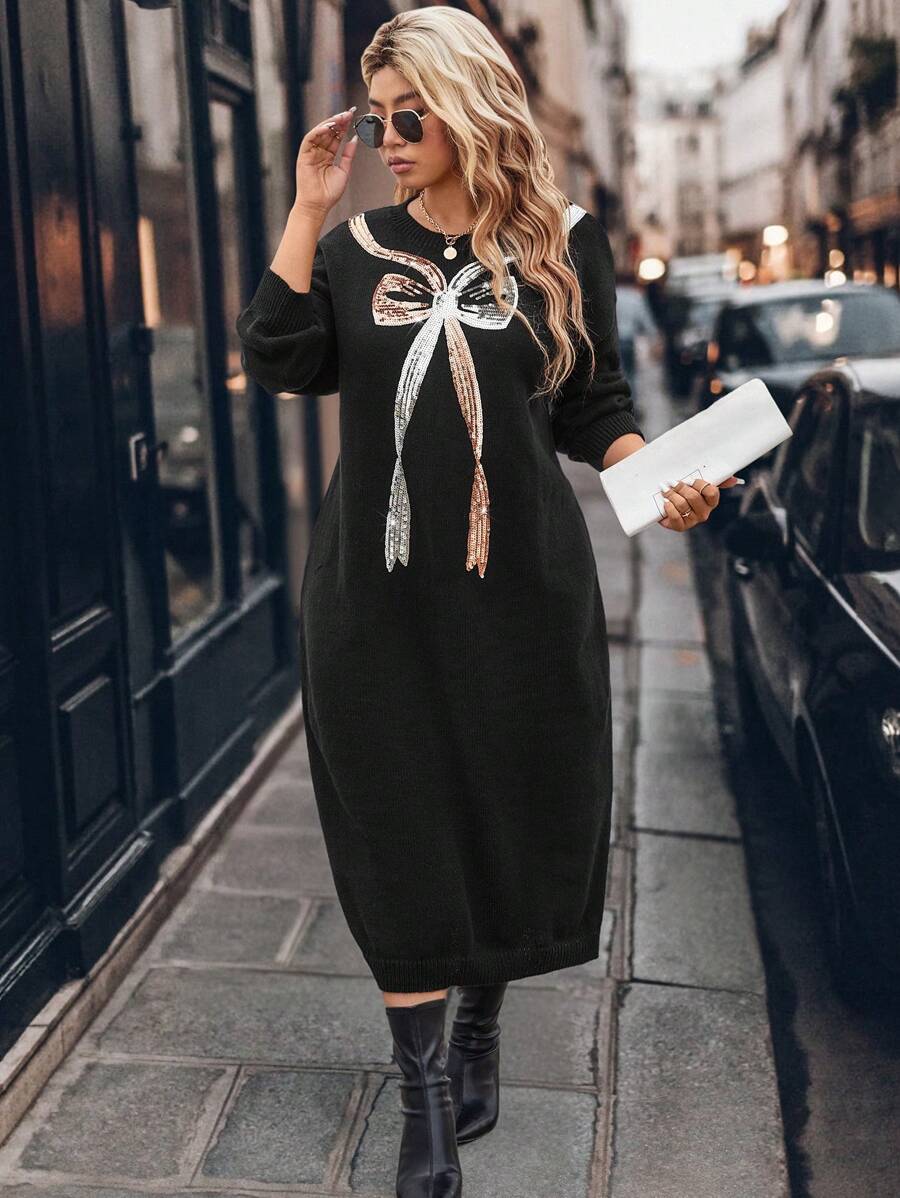 SHEIN LUNE Plus Size Women Jednolity Kolor Dzianinowy Kokarda Perły Haft Długi Rękaw Sweter Sukienka Casual/Święto, Jesień/Zima