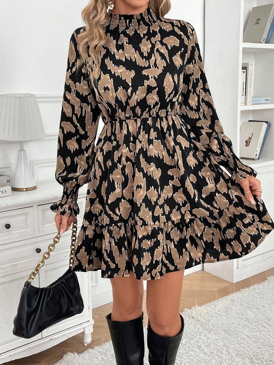 SHEIN Frenchy 1pc Women Leopard Print Stand Collar Long Sleeve Fashion Mini Dress, Autumn