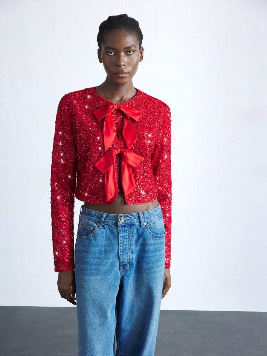 Maija Chaqueta larga con mangas, elegante para fiesta, con decoración de lazo y bordado de lentejuelas rojas, para mujer, primaveral
