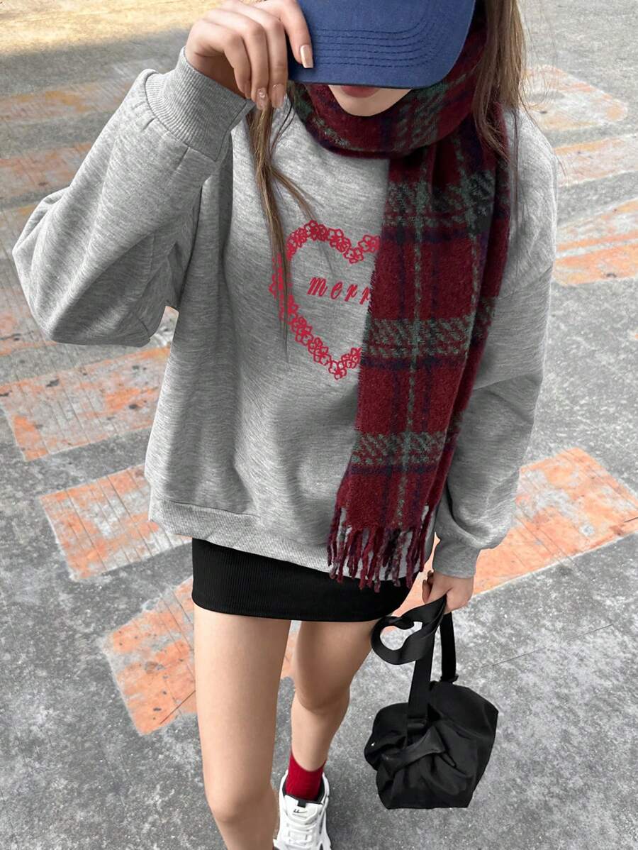 Jouncy Women's Heart & Cherry Print Round Neck Casual Sweatshirt, Autumn, Fall Outfit