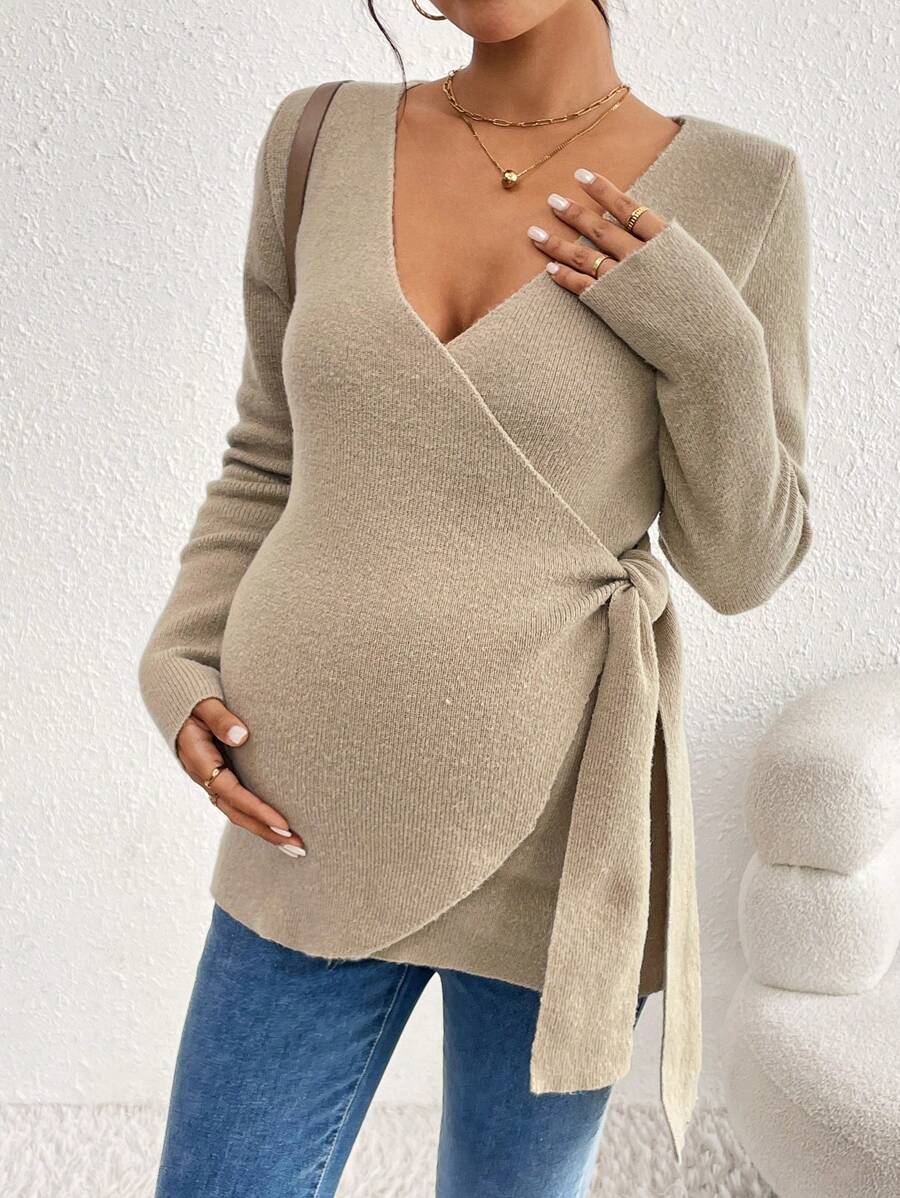 SHEIN Jersey de manga larga con cierre envolvente y nudo a la cintura, de unicolor y estilo informal para mujeres embarazadas, para otoño/invierno, de maternidad