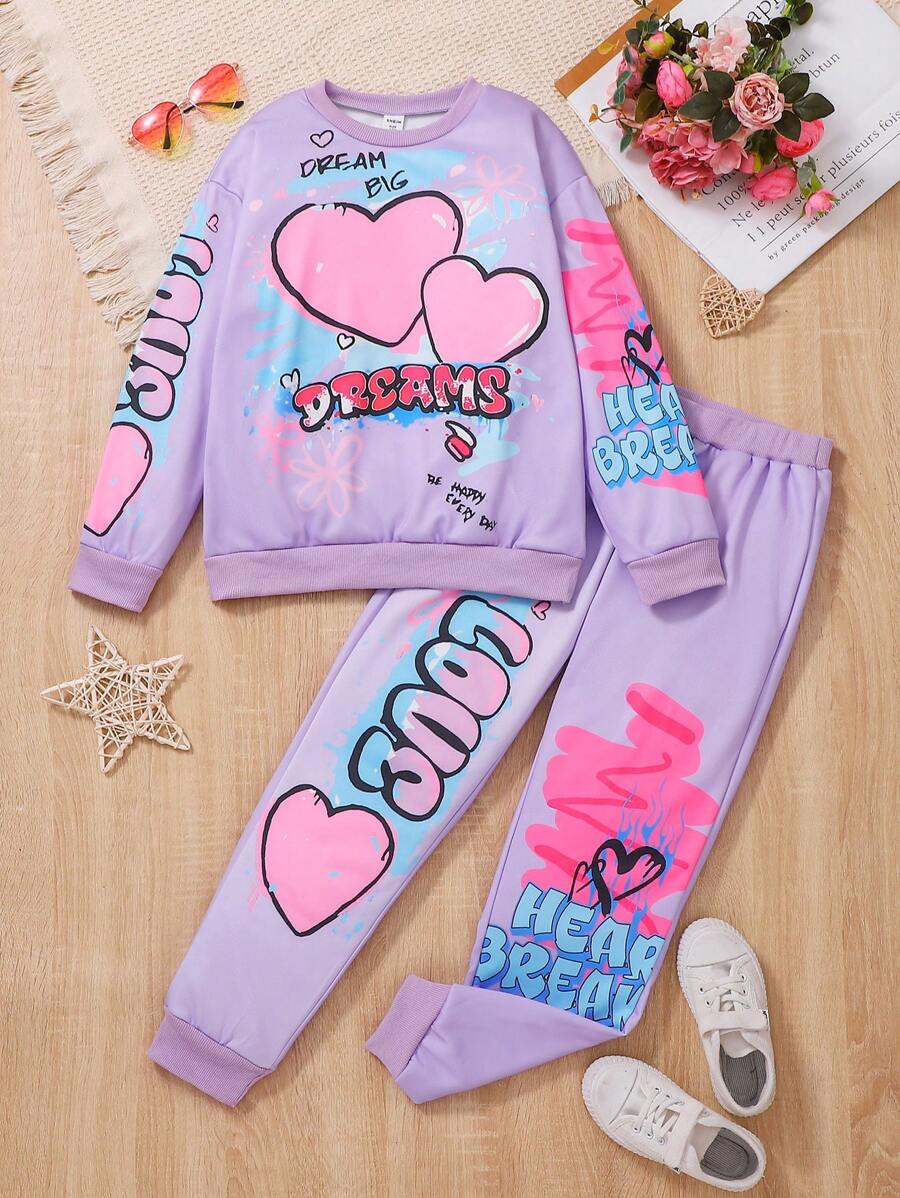 SHEIN Set de 2 piezas de sudadera con cuello redondo y diseño de corazón, y pantalón de chándal largo para niña preadolescente, conjunto lindo