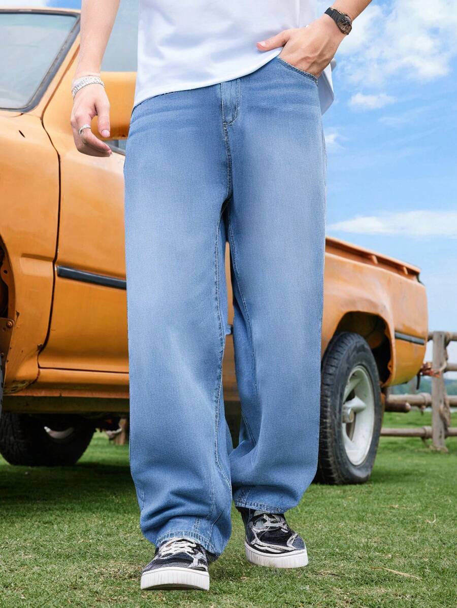 SHEIN Jeans rectos holgados y cómodos de mezclilla azul casual de moda para adolescentes varones, para uso diario y ropa de otoño/invierno para chicos adolescentes