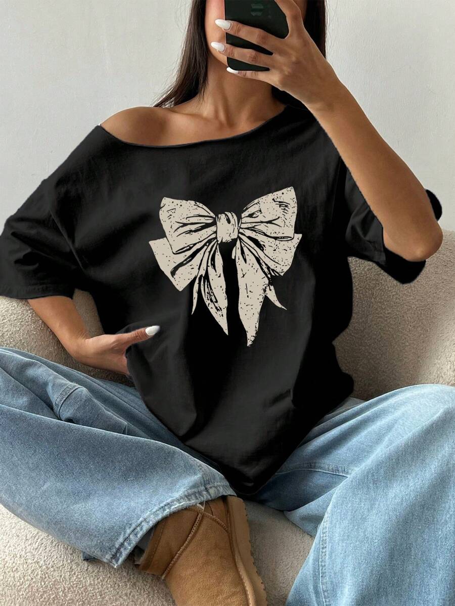 SHEIN Unity Women Casual Bow Shoulder Loose T-Shirt