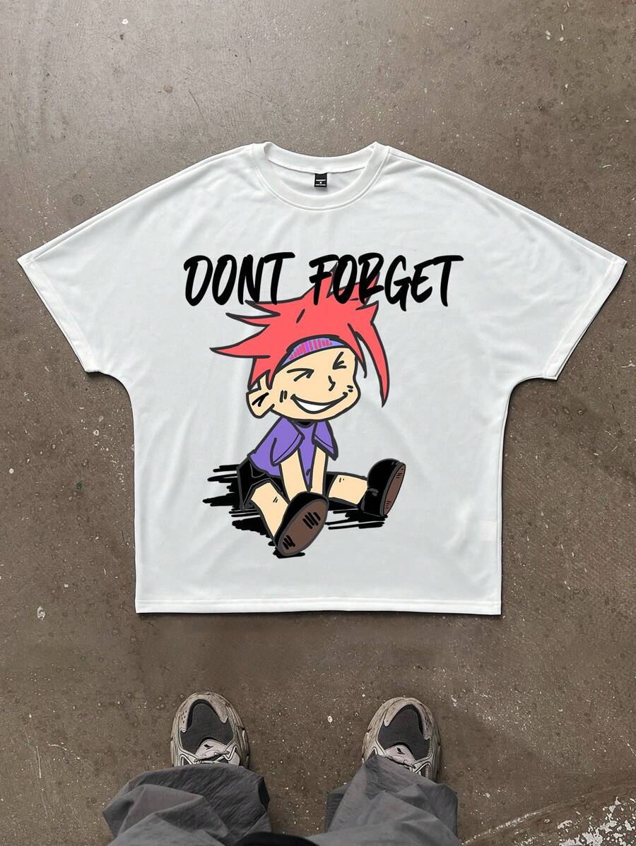 Manfinity EMRG Camiseta casual de cuello redondo de manga corta con estampado de eslogan y personaje de dibujos animados para hombres