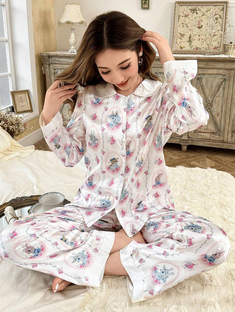 Pijama de manga larga con estampado de conejo y flores para mujer, romántico para otoño/invierno
