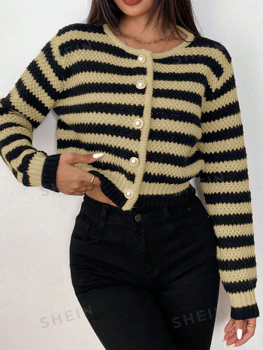 SHEIN PETITE Cárdigan de punto casual de uso diario con botones delanteros a rayas, para otoño/invierno