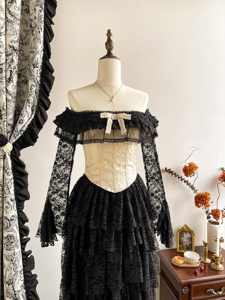Vintamour Vintage Elegant Women Floral Jacquard Off Shoulder Long Sleeve Flared Cuff Lace Contrast Ruffle Bow Tie Party Festival Strapless Corset Blouse Winter Women Clothes Women Corsets Thanksgiving Women Outfit Winter Outfits Christmas Women Clothes Christmas Outfits Christmas Women Dress Christmas Party Dress Christmas Top Christmas Shirt Christmas Dress Christmas Clothes New Year Eve Dress Thanksgiving Dress Winter Tops Holiday Dress