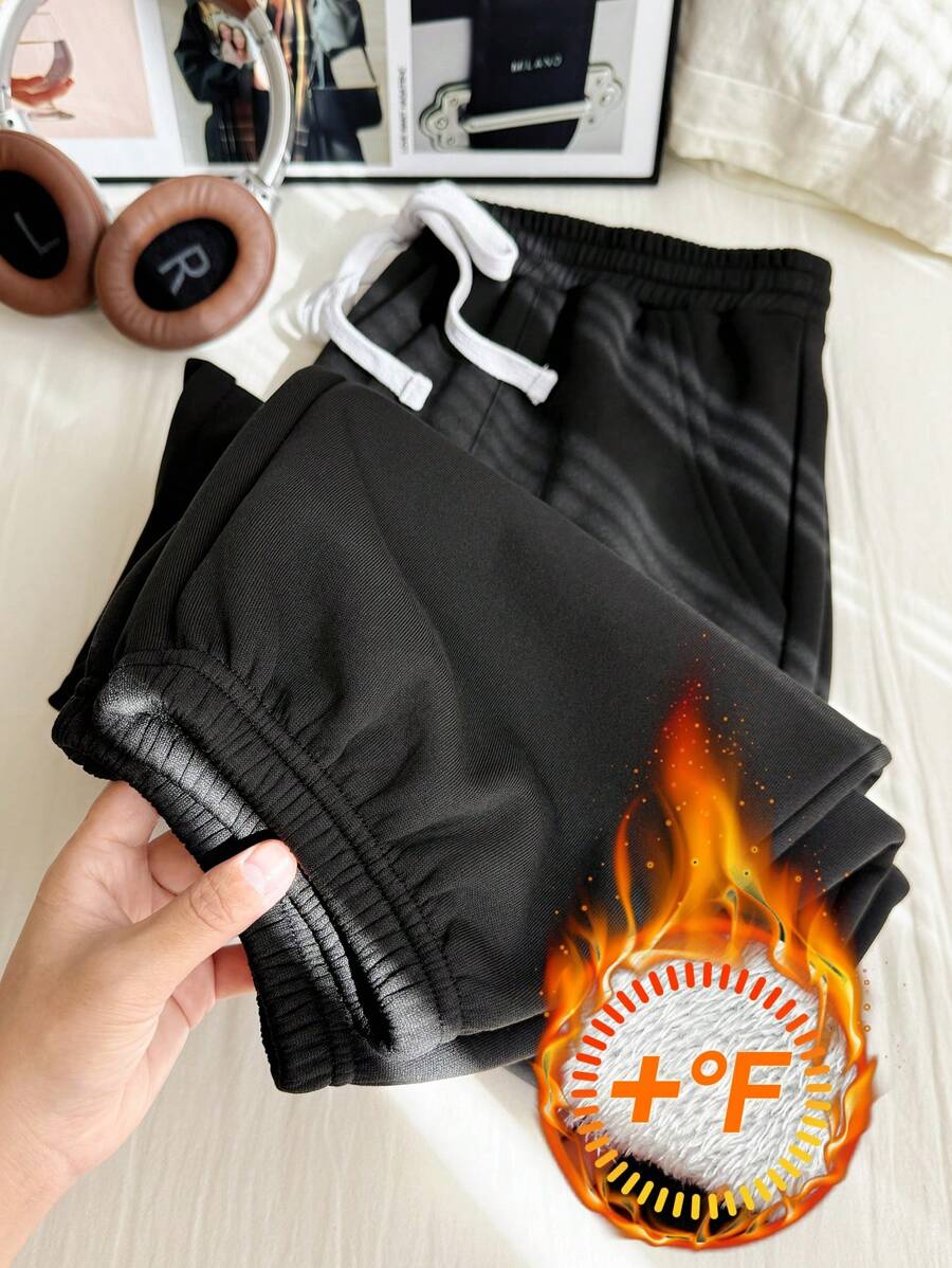 SHEIN EZwear Plus Size Dames, Werkbroeken, Zwarte Thermisch Gevoerde Casual Joggingbroek Met Trekkoord Taille, Herfst/Winter