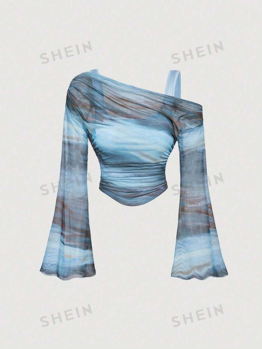 SHEIN MOD Top de mujer con manga larga de trompeta de 2 en 1 con hombros descubiertos y malla, estilo occidental, vintage, años 70, para la novia