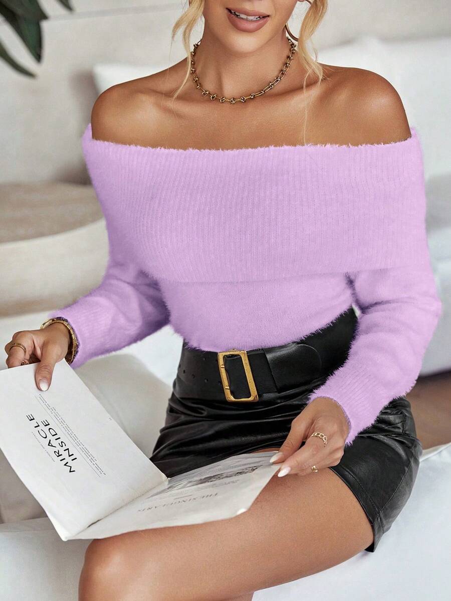 SHEIN Clasi Solid Color Off-Shoulder Casual All-Match Long Sleeve Pullover Sweater