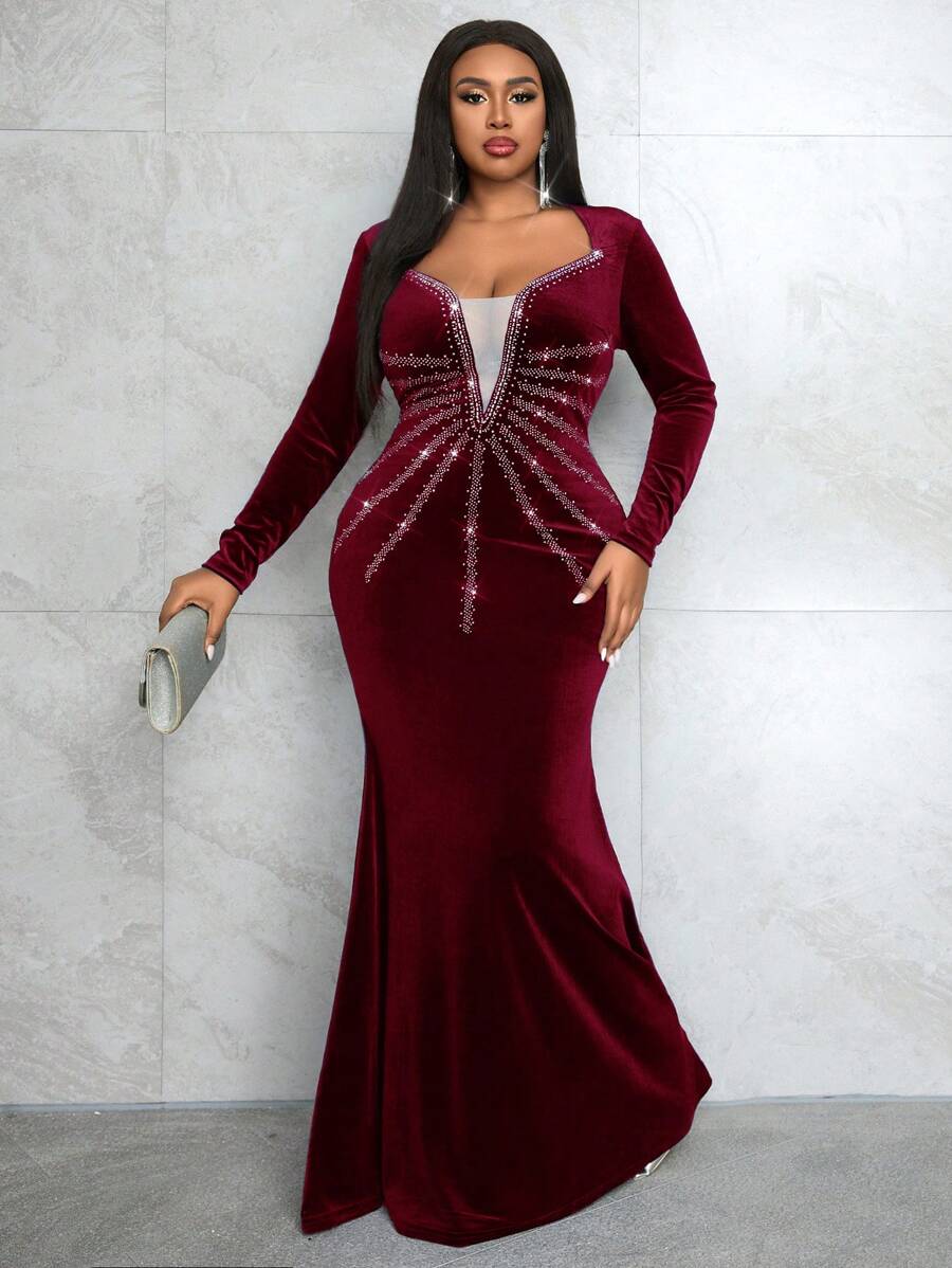 Slaydiva Plus Size Sequin Embellished Long Sleeve Velvet Mermaid Dress, Blue, Suitable For Formal Occasions