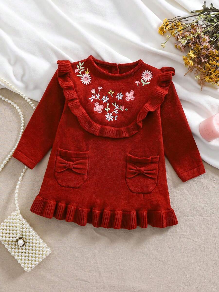 Baby Girl Casual Flower Embroidery Ruffle Hem Sweater Dress, Autumn/Winter