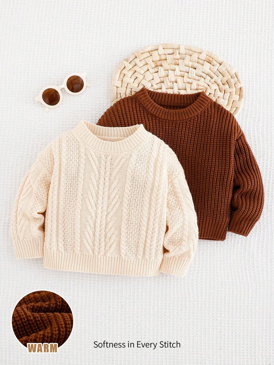 Cozy Pixies 2pcs/Set Baby Boy Embroidered Solid Color Knit Soft Round Neck Long Sleeve Sweater Set