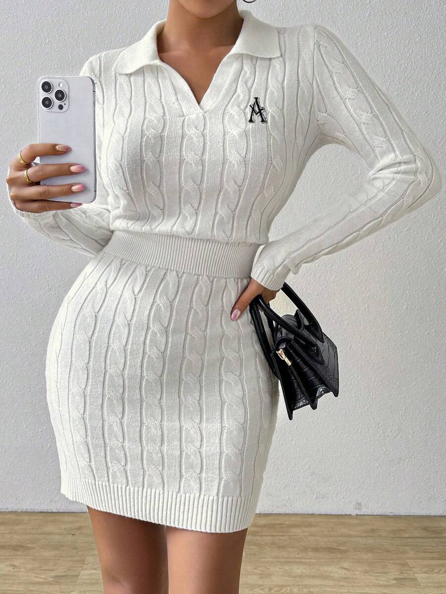 Chiquease 1pc Witte Kabelgebreide Trui Dames, Geborduurde Polo Kraag Bodycon Mini Jurk