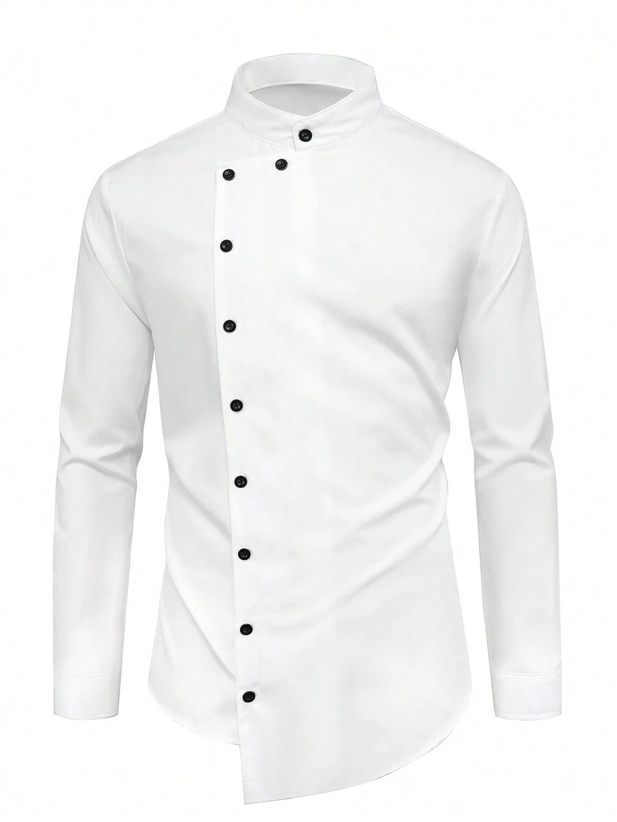 Manfinity Homme Men's Business Casual Simple Solid Stand Collar Long Sleeve Plain Work Shirt, Spring/Autumn, For Husband