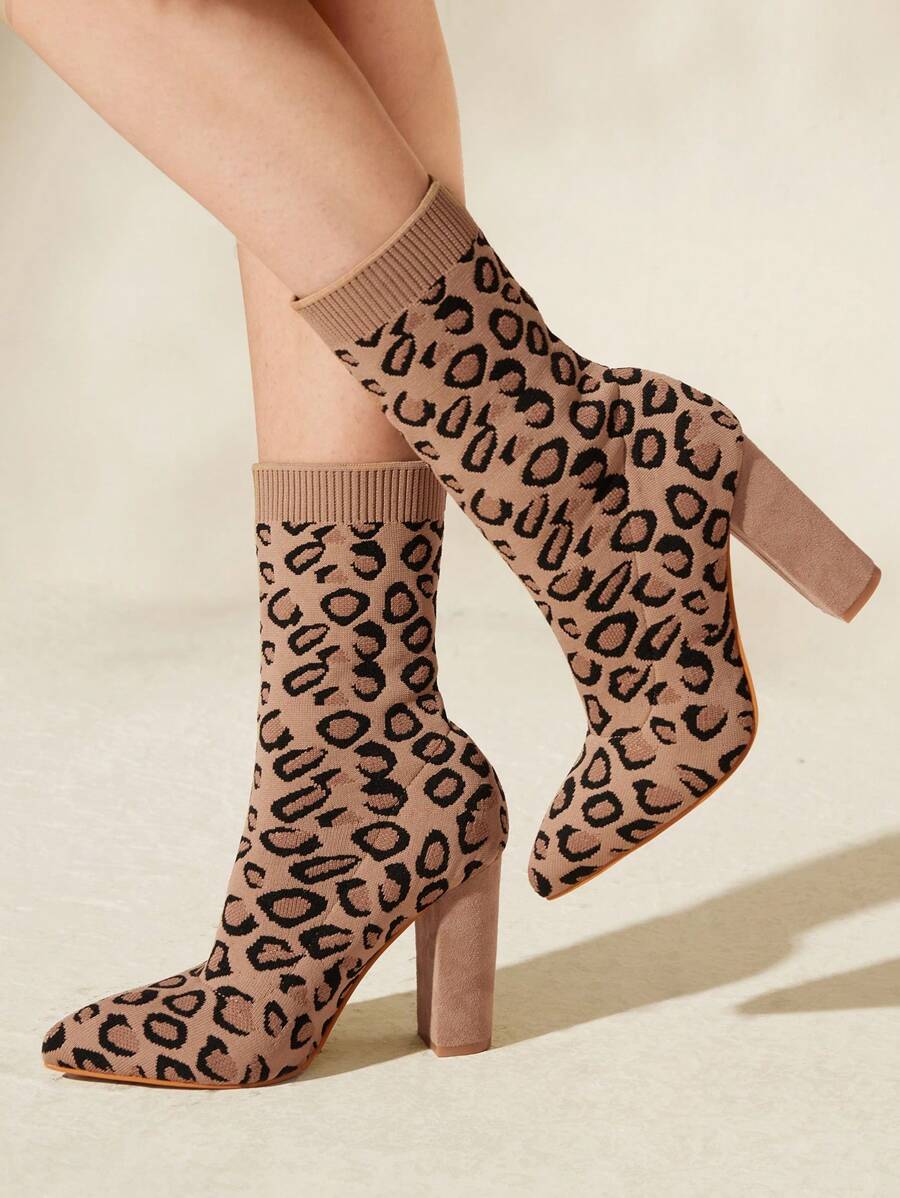 CUCCOO BASICS Women's Pointy Toe Chunky Heel Leopard Print Slip-On Elastic Knit Sock Boots, Mid-Calf Short Boots Spring Shoes Spring Break Easter