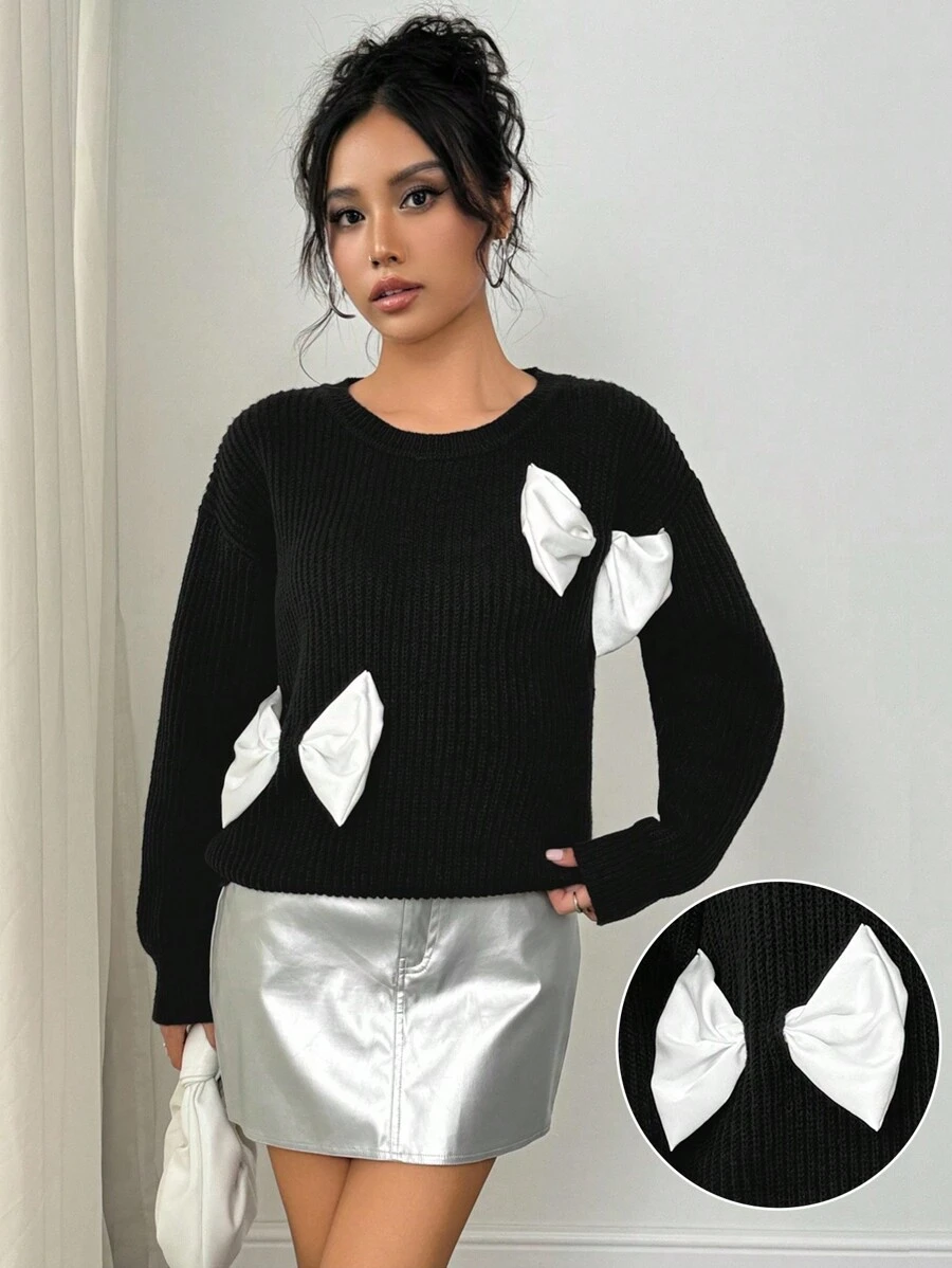 Chiquease Autumn/Winter Contrast Color, Bow Decor, Loose Warm And Comfortable Pullover Sweater