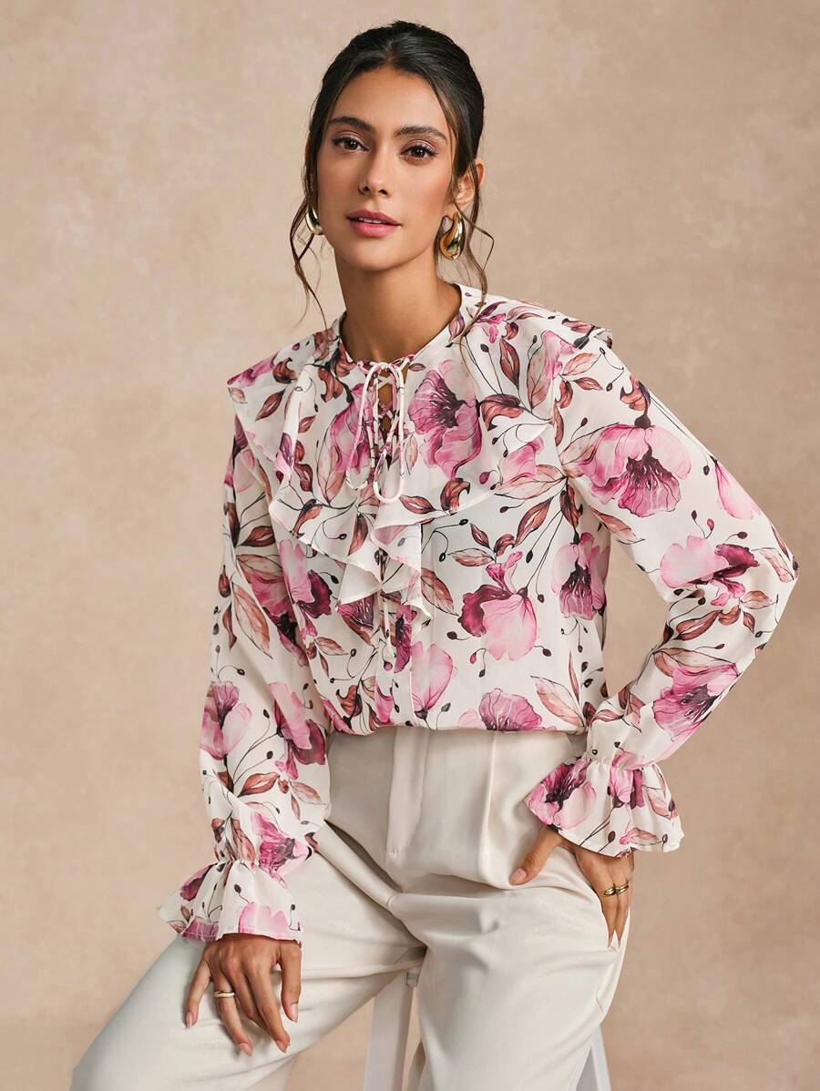 Calvaya Women's Elegant Floral Print Tie Front Ruffle Trim Flare Sleeve Blouse, Spring/Summer Vacation Style