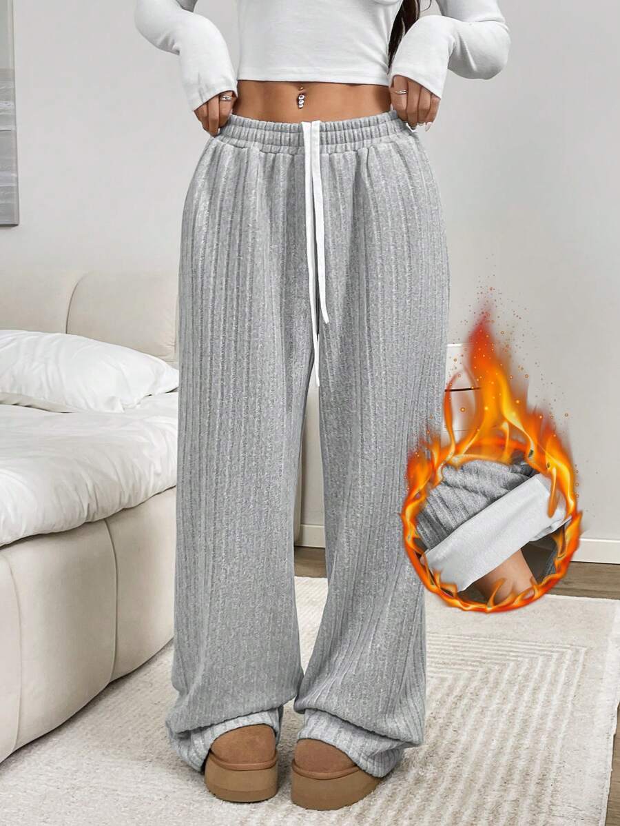 SHEIN EZwear Women's New Light Gray Thermal Lined Casual Loose Wide Leg Pants