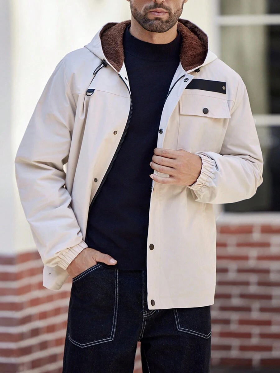 Manfinity Homme Chaqueta con capucha casual para hombre, con forro térmico y cordón, ideal para otoño/invierno y salidas. Chaqueta de moda con mangas largas y bloques de color, un regalo perfecto para amigos, esposo o novio