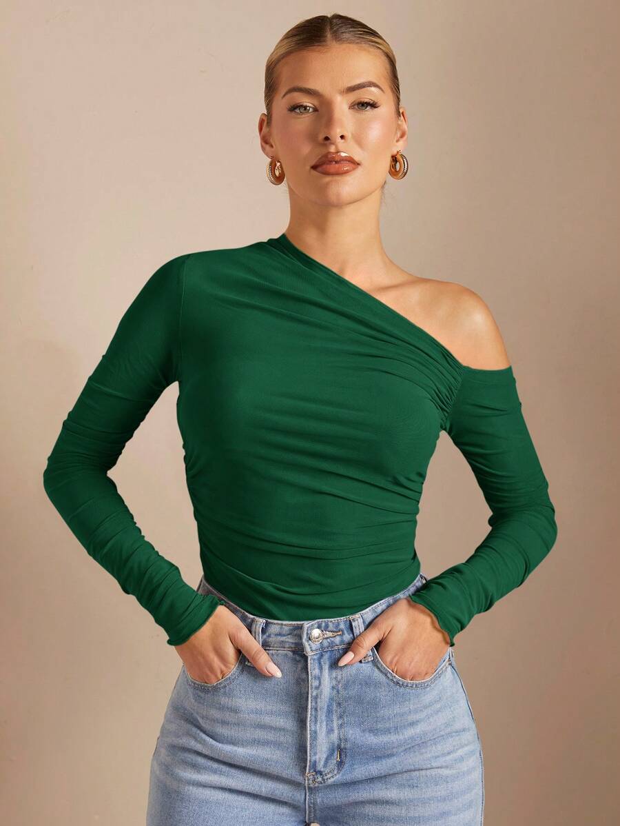 SHEIN BAE 1pc Asymmetric Ruched Sheer Fitted Solid Color Blouse