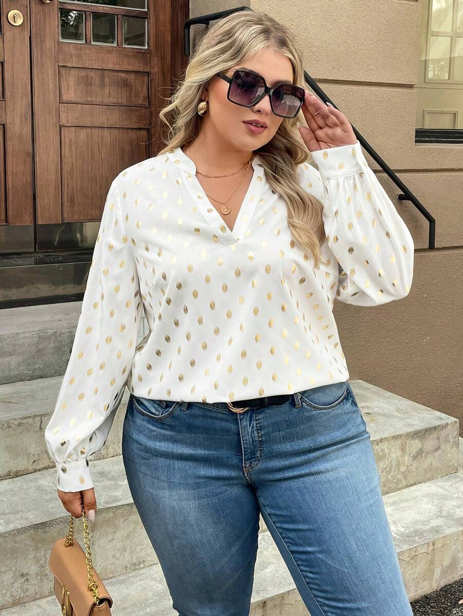 SHEIN Clasi Plus Size Women V-Neck Long Sleeve Polka Dot Foil Print Blouse, Autumn