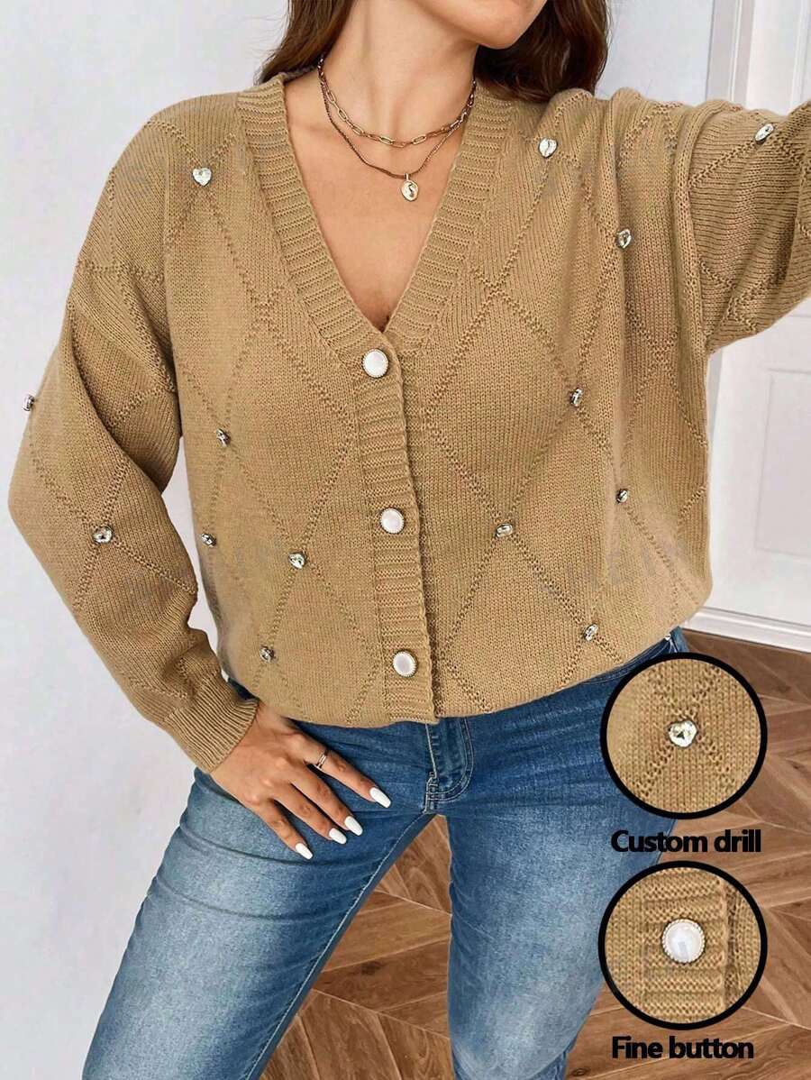 Celure Cárdigan casual con aplicaciones de cristal para mujer de talla grande, para primavera y otoño