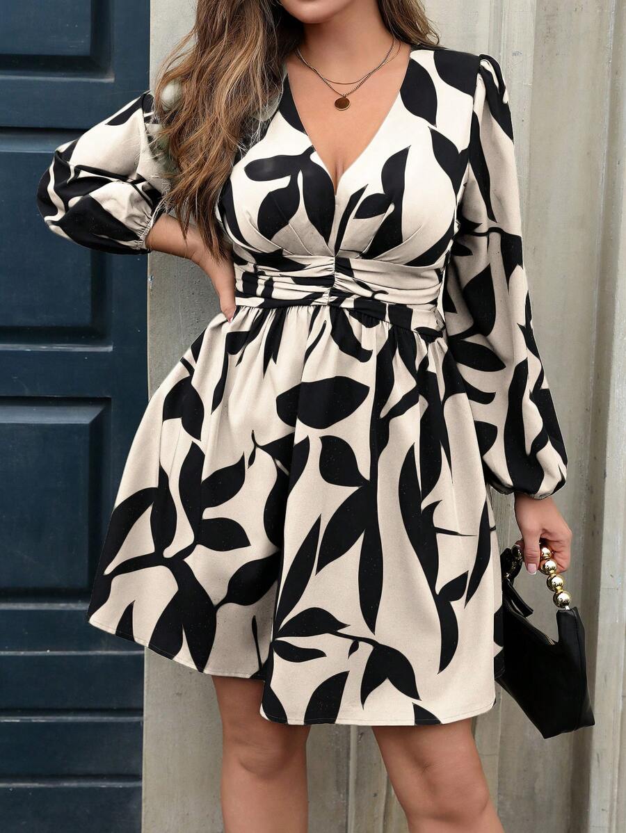 SHEIN LUNE Plus Size Women Spring/Autumn Floral Print Ruched Waist Short Casual/Work Dress