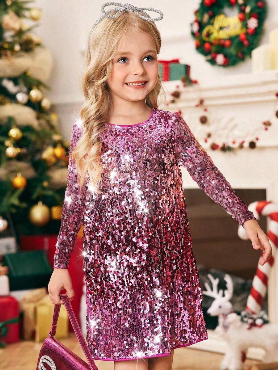 SHEIN Young Girl Christmas Party Sequin Embroidered Long Sleeve Dress