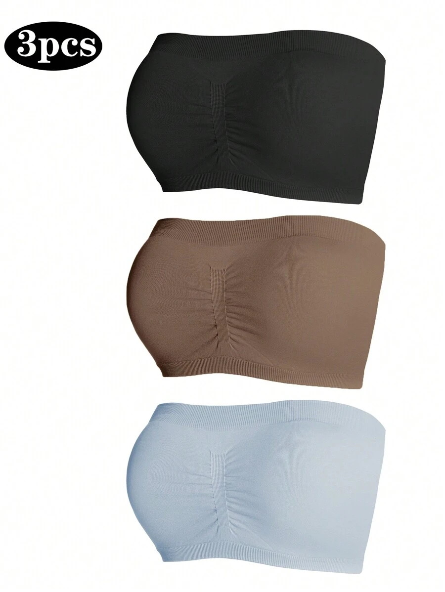 SuitURBody 3pcs/Set Women Plain Ruched Bandeau Bra Casual Lingerie Set