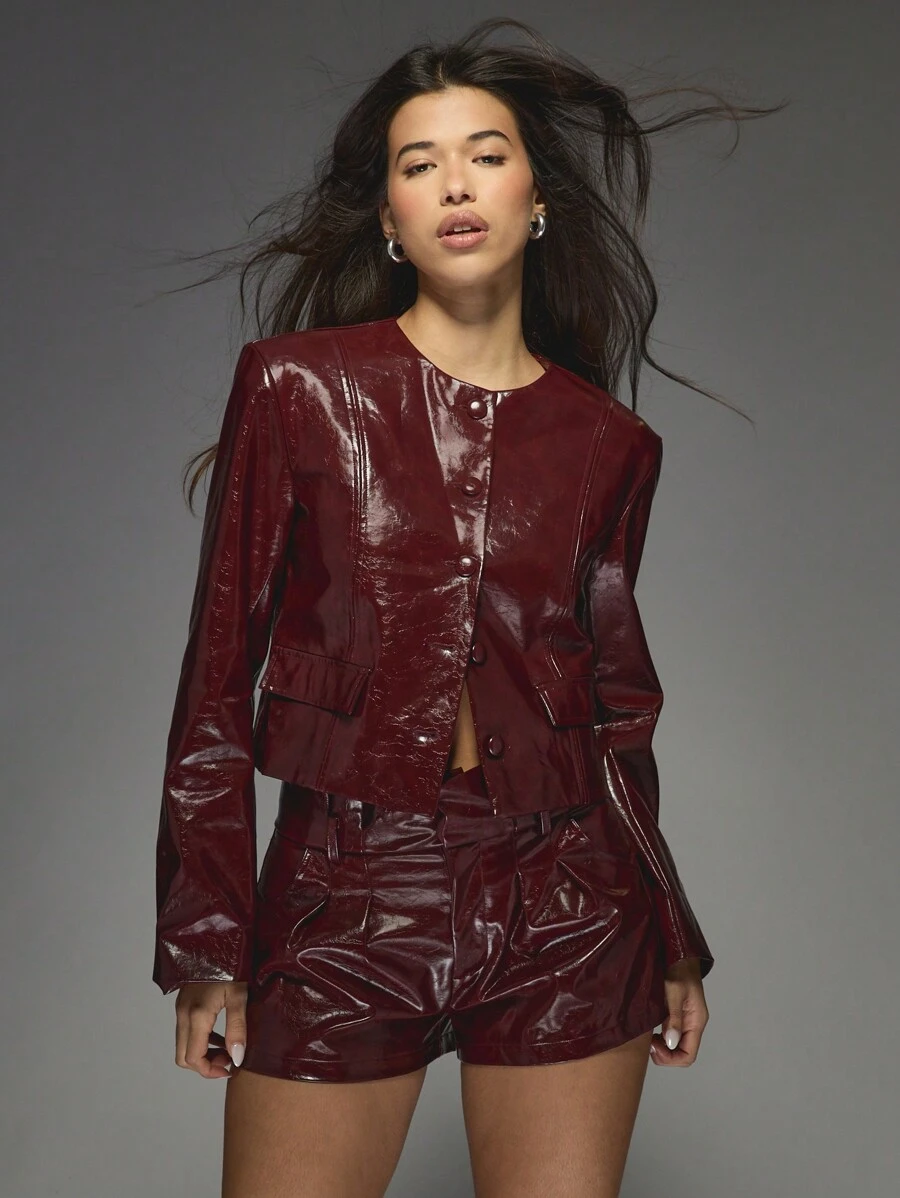 MISSGUIDED Patent Leather Blazer Metallic High Fashion Statement Winter Holiday Party Evening Celebration Tailored Structured Luxury Designer Professional Outerwear