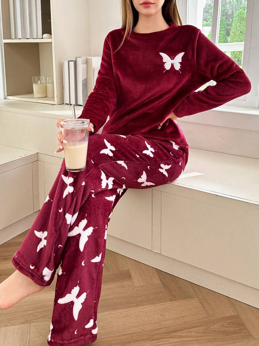 Dream Adore Juego de pijama de manga larga con estampado de mariposas en franela