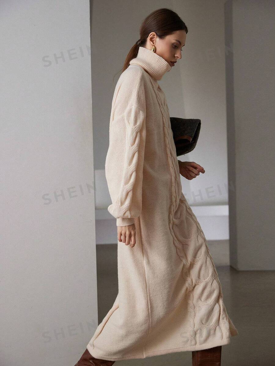 Aveloria Modichic Vestido largo de punto casual con cuello alto, abertura y diseño floral, estética estadounidense de moda para el invierno con suéter de cuello de tortuga en talla grande