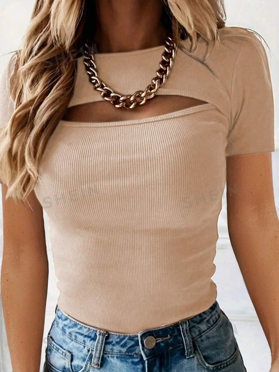 INAWLY Camiseta ajustada de mujer casual de unicolor con diseño calado