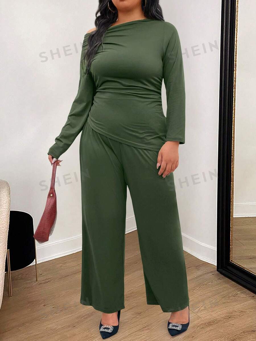 INAWLY Set de 2 piezas de talla grande: top asimétrico y pantalones de color liso casual, otoño