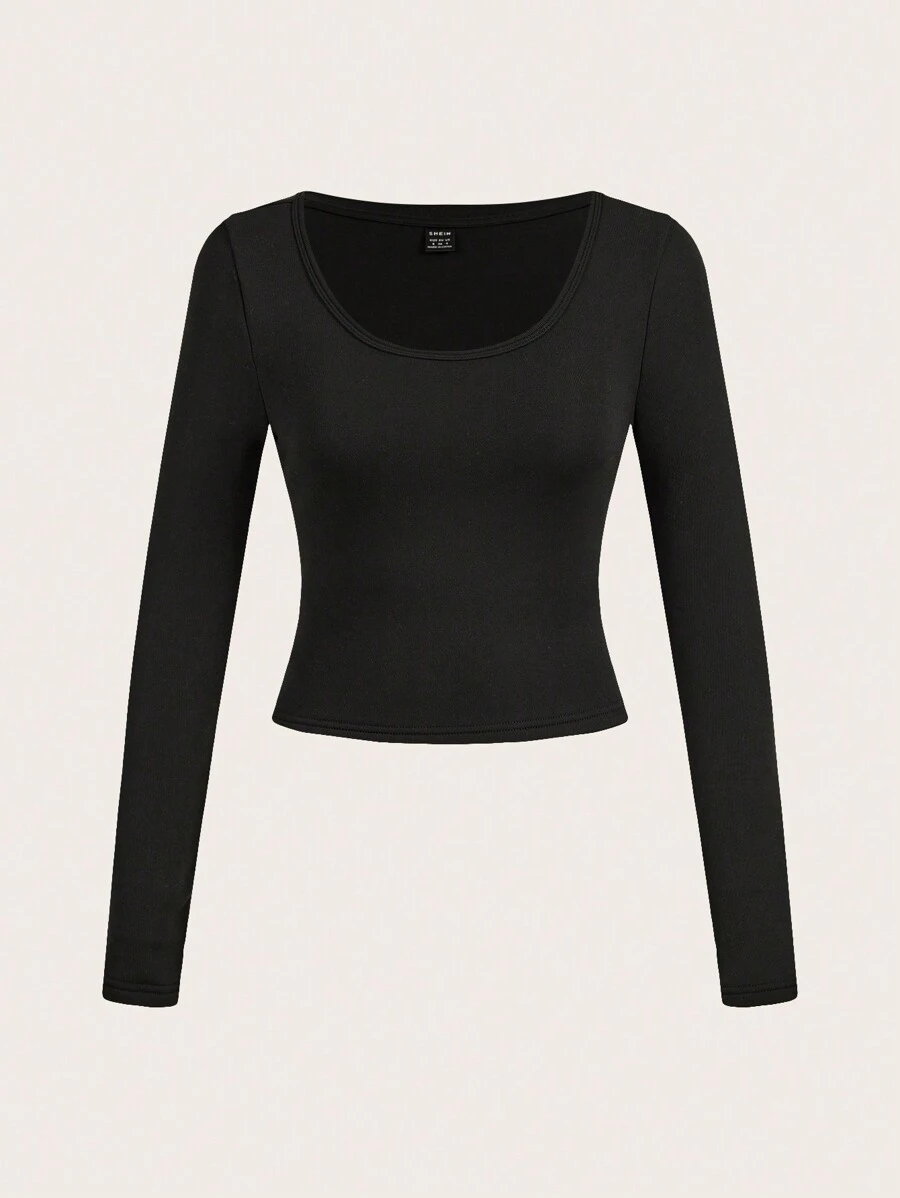 SHEIN EZwear 1pc Women's Casual Minimalist Round Neck Black Base Tight Fit Thermal Lined Long Sleeve T-Shirt, Suitable For Autumn And Winter
