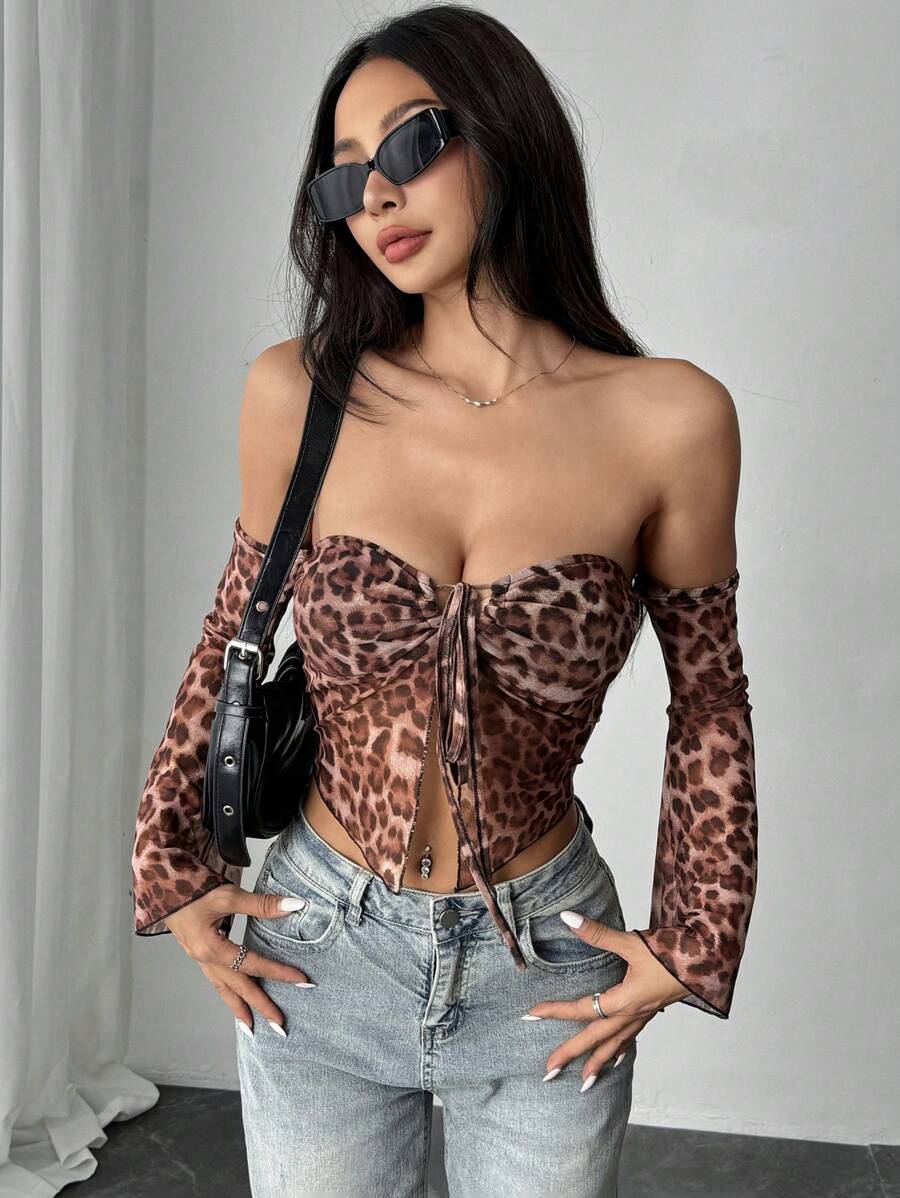 INAWLY 1pc Women Retro Leopard Print Flared Sleeve Blouse