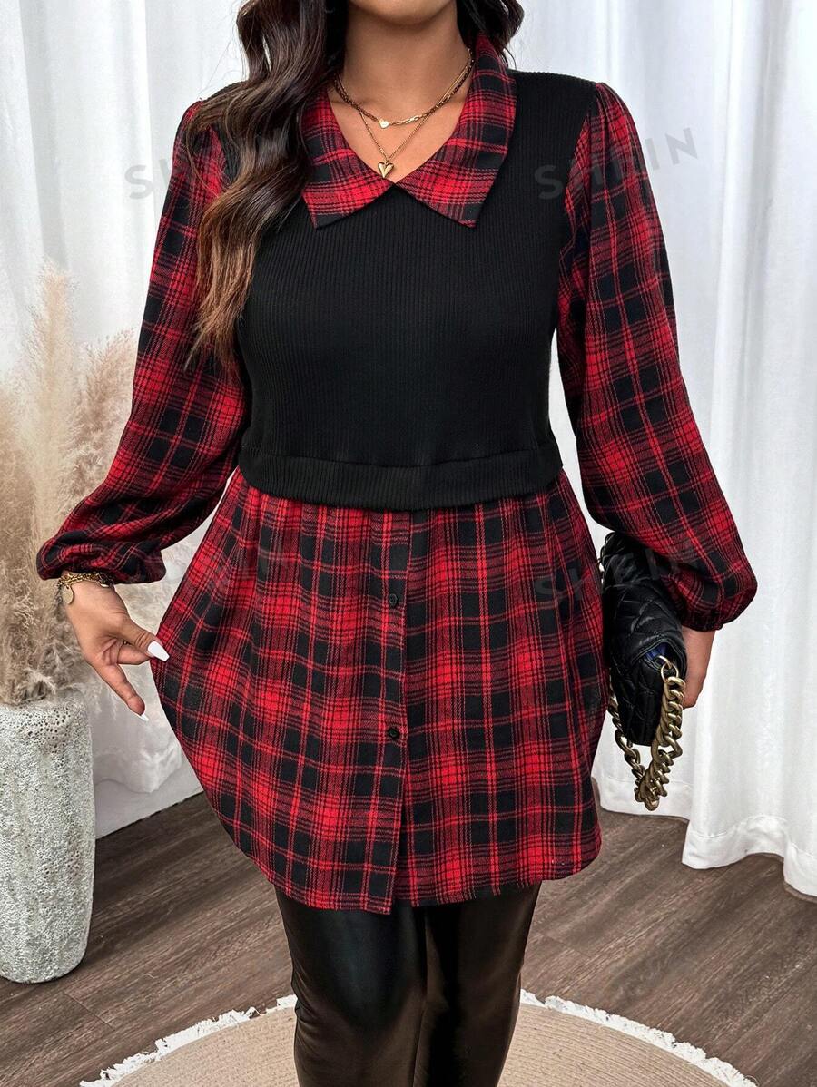 SHEIN LUNE Blusa con cuello Peter Pan, manga farol y diseño de parchwork a cuadros de moda para mujer de talla grande, para otoño