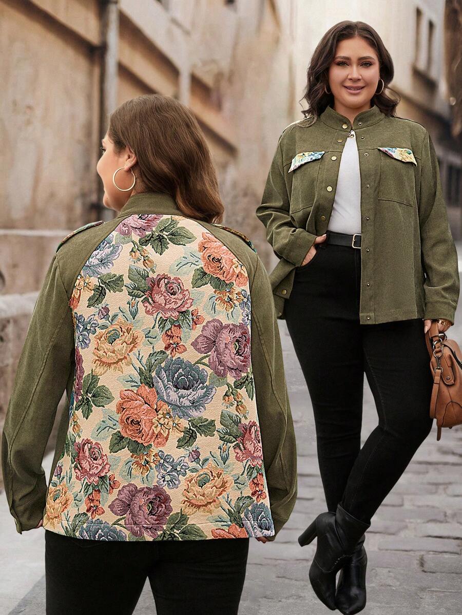 SHEIN LUNE Plus Size Solid Color Patchwork Long Sleeve Front Button Pocket Casual Jacket, Vacation Outfit Women Plus Size Fall Clothes
