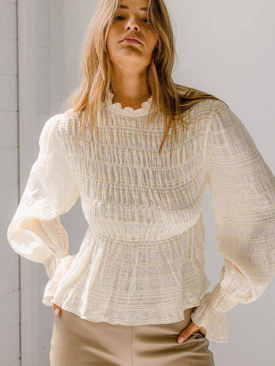 Aralina Boho Chic Shirred Textured Long Sleeve Dobby Blouse Winter Vacation Holiday Church Outfit