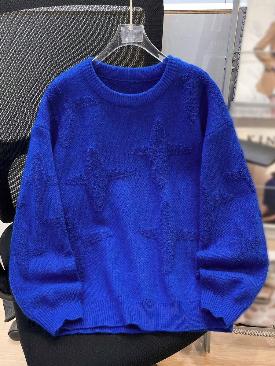 Suéter azul de cuello redondo con efecto de jacquard casual para niño preadolescente, adecuado para otoño, primavera e invierno, apropiado para juegos al aire libre, escuela, fotografía callejera, fiestas y ocio, alta relación calidad-precio