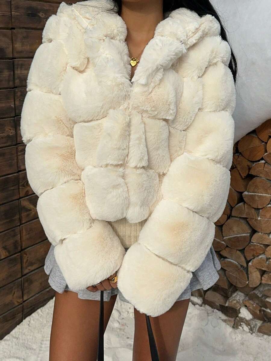 SHEIN EZwear White Fluffy Short Casual Hooded Jacket For Women