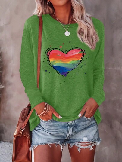 INAWLY Heart Print Round Neck Casual Short Sleeve T-Shirt Graphic Tees Women Tops