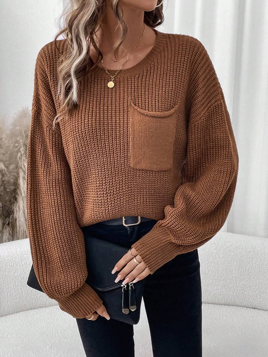 SHEIN LUNE Plus Size Lantern Sleeve Round Neck Single Pocket Pullover Sweater