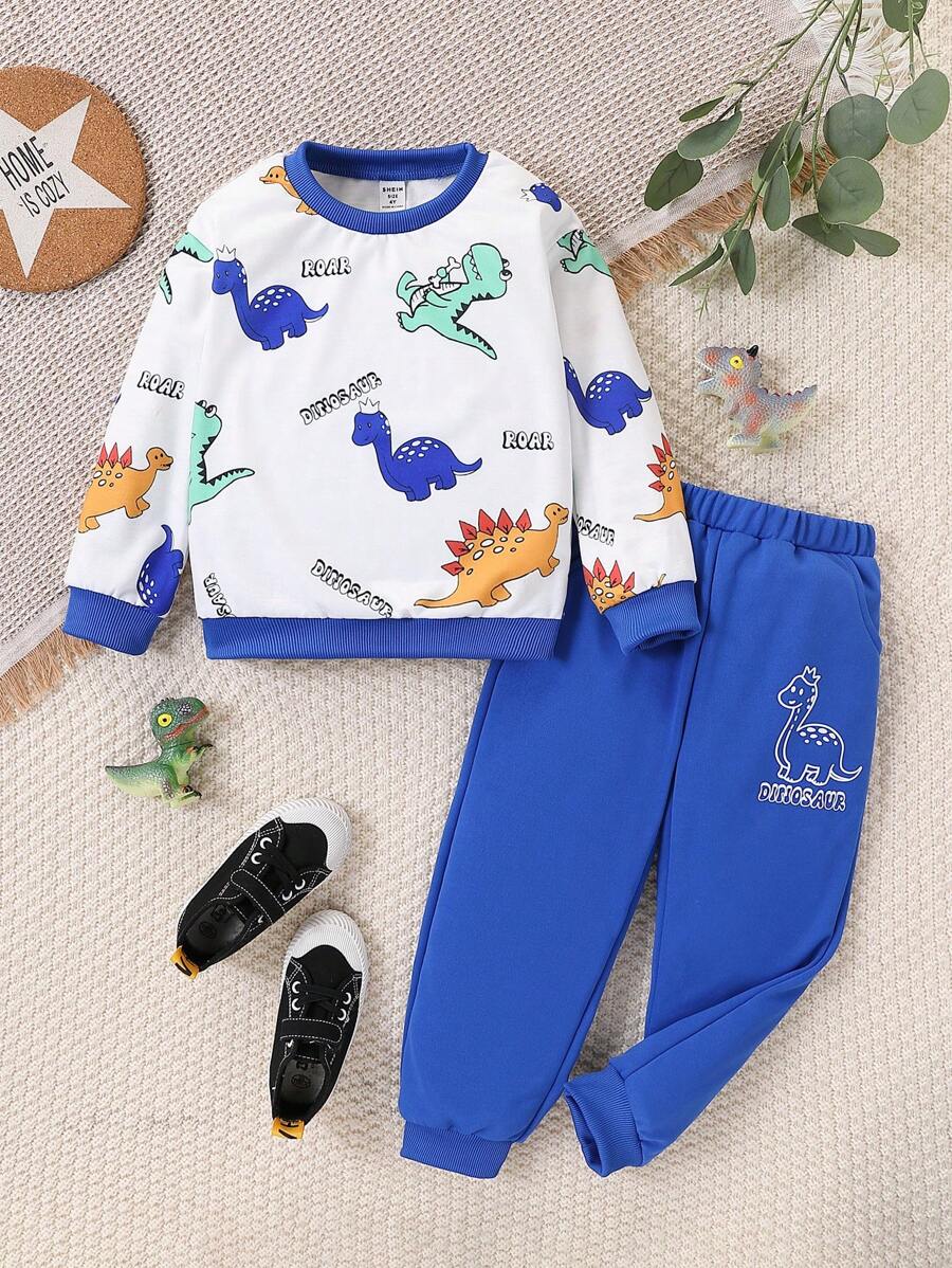 Set de 2 piezas con sudadera y pantalón jogger con estampado de dinosaurios de dibujos animados en estilo universitario casual para niño, cómodo y versátil para uso diario