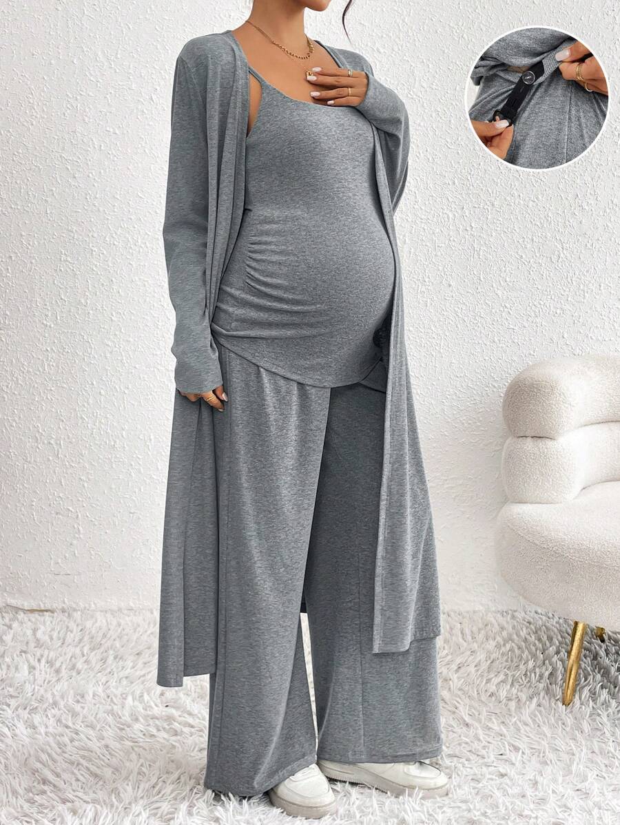 SHEIN 3pcs Maternity Casual Elegant Set: Camisole, Long Pants, Long Open Cardigan