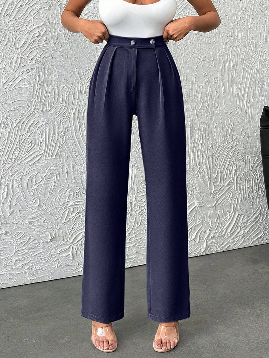 SHEIN Stijlvolle effenkleurige, hoge taille, rechte, geplooide damesbroek met meerdere knoopdetails