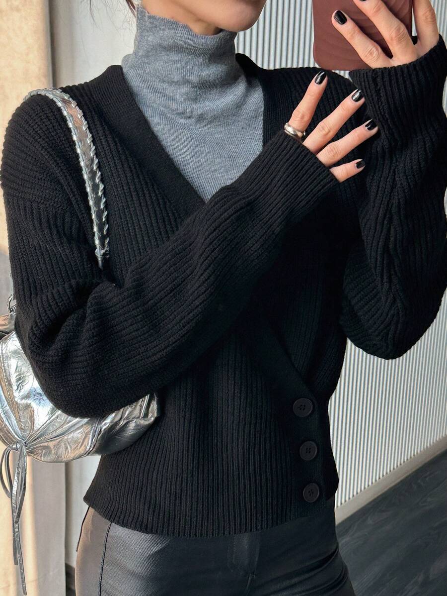 DAZY Design Sense Asymmetric Button V-Neck Knitted Pullover Sweater For Women