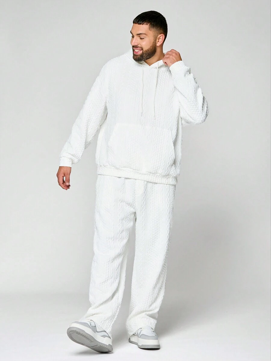 Manfinity NXTstreet 2pcs Plus Size Men's Casual White Cable Knit Long Sleeve Hoodie Sweatshirt And Pants Set